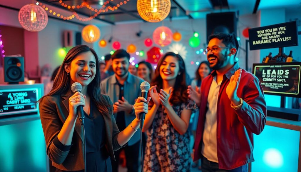 A lively karaoke scene featuring a diverse group of people joyfully singing and dancing together in a well-lit room. In the foreground, a young woman in smart casual attire holds a microphone enthusiastically, with a big smile. The middle ground showcases a couple enjoying their performance, clapping and swaying to the music. In the background, colorful lights and vibrant decorations create a festive atmosphere, with a karaoke machine displaying lyrics. Soft, warm lighting adds a welcoming feel, while the camera angle captures the energy of the moment from a slightly elevated perspective, emphasizing the fun and surprise of a dynamic playlist. The overall mood is cheerful, inviting, and full of excitement, perfect for an atmosphere that brings people together.