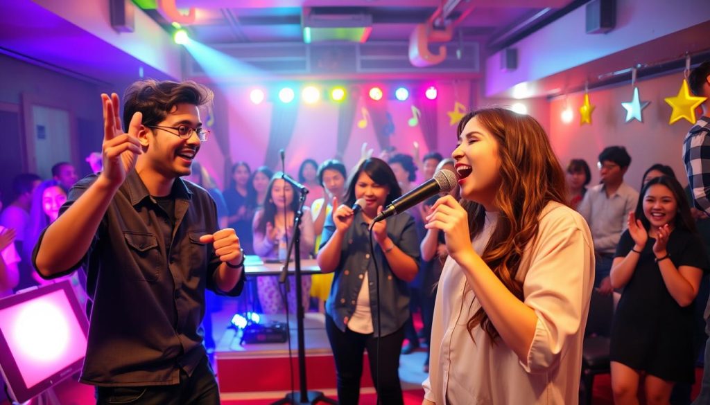 A lively karaoke scene filled with energy, featuring a diverse group of friends singing passionately into microphones. In the foreground, two friends in casual yet stylish clothing are sharing a joyful moment, with one gesturing enthusiastically while the other sings. The middle ground shows a small karaoke stage equipped with colorful lights and a spotlight illuminating a microphone stand. Friends are clapping and having fun, surrounded by vibrant decorations symbolizing music, like notes and stars. In the background, a small crowd enjoys the performance, cheering and swaying to the beat. The atmosphere is filled with excitement and warmth, showcasing a fun night of karaoke. The lighting is bright and colorful, emphasizing a festive mood, captured with a wide-angle lens for an immersive experience.