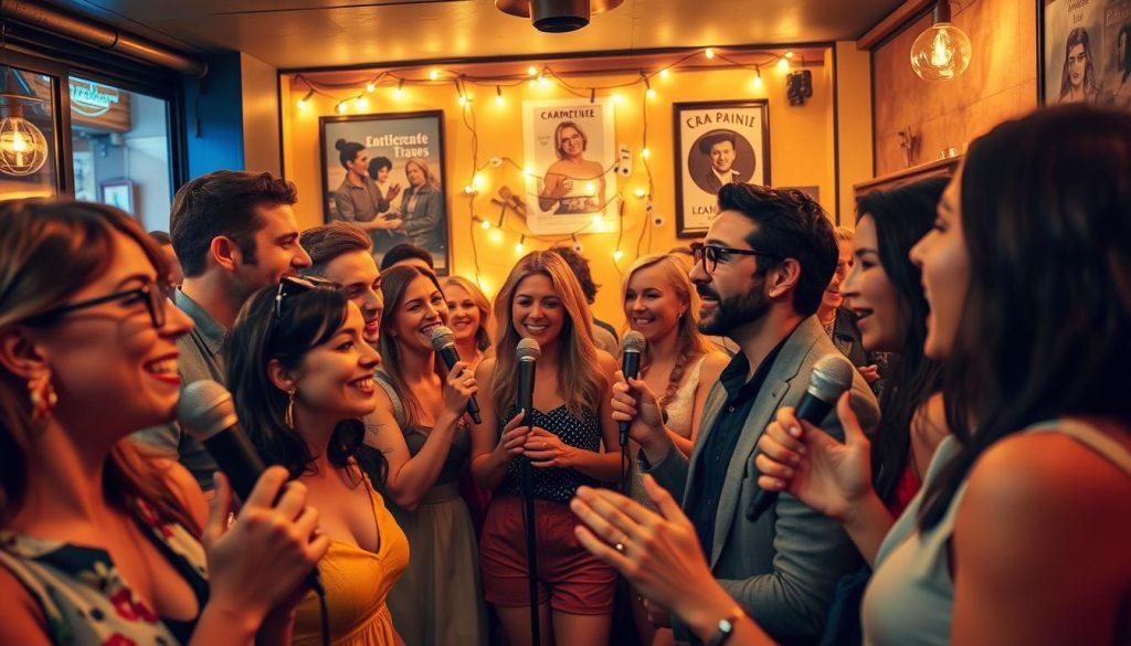 A vibrant karaoke night scene in a cozy Parisian bar, filled with joyful people enjoying French chansons. In the foreground, diverse individuals in stylish casual attire sing passionately into microphones, capturing the excitement of the evening. The middle ground features a small stage adorned with soft fairy lights and musical notes, as a lively crowd gathers around, clapping and dancing. In the background, vintage French posters and warm-colored walls create an inviting atmosphere. The ambiance is lively and cheerful, with a gentle golden light illuminating the faces of the performers and audience, creating a sense of camaraderie and celebration. The angle captures the essence of the festive mood, emphasizing movement and joy.