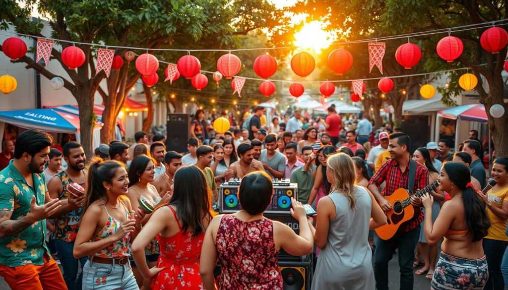 A vibrant outdoor scene celebrating Latino music, featuring a lively street party atmosphere. In the foreground, a diverse group of friends, dressed in colorful, casual attire, dancing joyfully with traditional instruments like maracas and guitars. In the middle ground, a DJ booth with vinyl records and colorful speakers creates an engaging backdrop filled with cheerful people enjoying the rhythm. The background showcases festive decorations, such as papel picado banners, and lively lights strung between trees, illuminating the scene with a warm glow as the sun sets. The mood should be energetic and festive, capturing the essence of Latino hits and inviting viewers into the fun atmosphere of celebration and music. Use soft, warm lighting to enhance the festive vibes.
