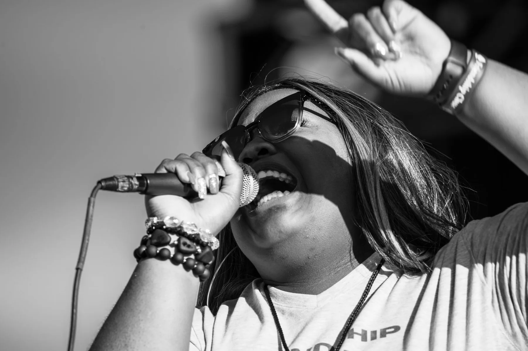 close-up of a singer at the microphone
