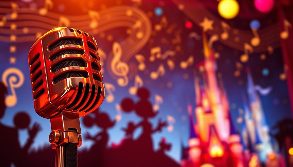 A colorful and enchanting karaoke setting inspired by Disney songs, featuring a vintage microphone in the foreground, gleaming under warm, soft lighting. In the middle, a festive backdrop of classic Disney characters in charming silhouettes, such as Mickey Mouse and Cinderella, blending into swirling musical notes. In the background, a whimsical night sky, full of stars and subtle hints of a fairytale castle, creating a magical atmosphere. The image conveys a sense of nostalgia and joy, suitable for all ages, evoking the excitement of singing beloved Disney songs at a birthday celebration. The angle is slightly tilted to enhance the dynamic feel, focusing on the microphone and musical elements, capturing the spirit of a joyful karaoke experience.