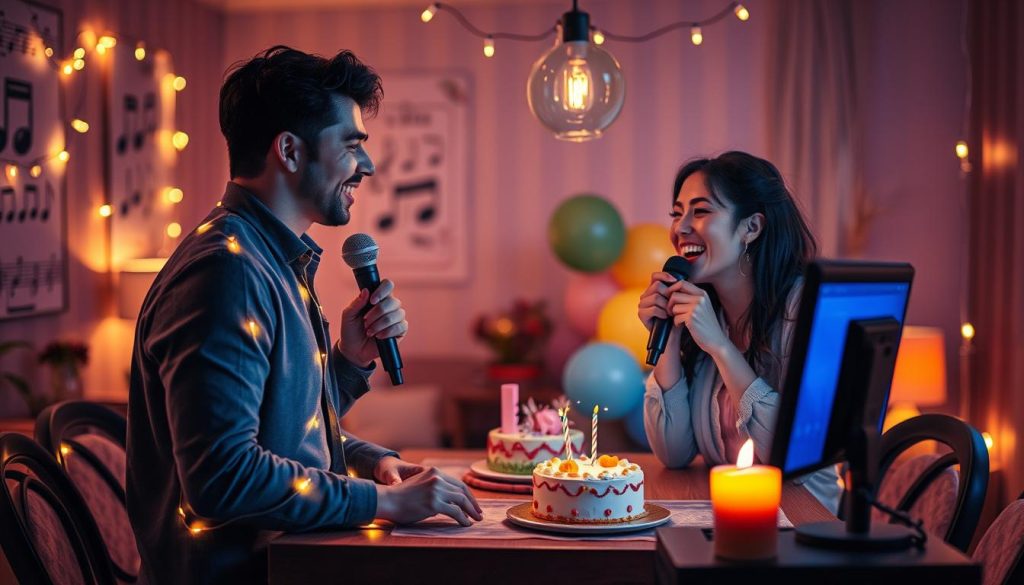 A cozy, intimate scene set in a softly lit dining room, showcasing two friends joyfully singing a duet at a karaoke machine. In the foreground, two individuals, a man and a woman, are dressed in smart casual outfits. They are sharing a heartfelt moment, holding microphones, with smiles and laughter illuminated by fairy lights. In the middle ground, a table is adorned with a small birthday cake and colorful balloons, creating a festive atmosphere. In the background, soft music posters and warm candlelight enhance the mood of celebration and companionship. The overall lighting is warm and inviting, casting gentle shadows that evoke a sense of love and connection. The camera angle captures the expressions of joy, focusing on their fun and collaborative spirit during the celebration.