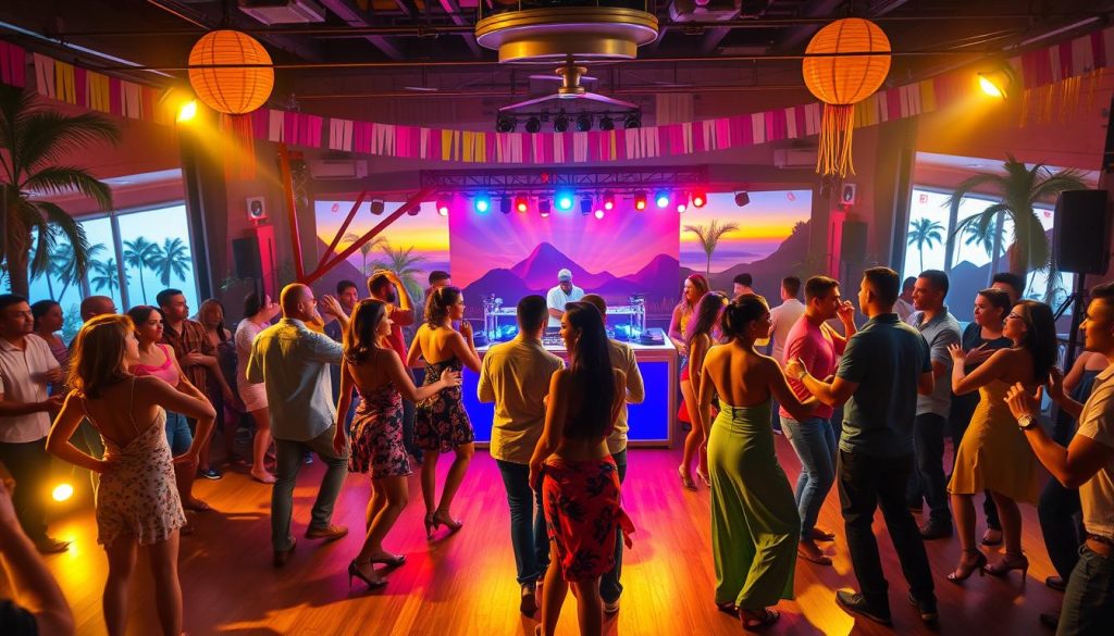 A vibrant Latino dance party scene set on a lively urban dance floor. In the foreground, a diverse group of people dressed in colorful, casual party attire is dancing joyfully, with couples in motion showcasing salsa moves. The middle ground features a DJ booth with a DJ spinning Latin beats, surrounded by flashing lights and dynamic visuals that create an energetic atmosphere. In the background, colorful decorations and banners enhance the festive vibe, with silhouettes of palm trees and a hint of a sunset through the windows. The lighting is warm and inviting, with golden tones highlighting the dancers. Capture this scene from a slightly elevated angle to emphasize the lively interaction among the participants, conveying a sense of celebration and fun.