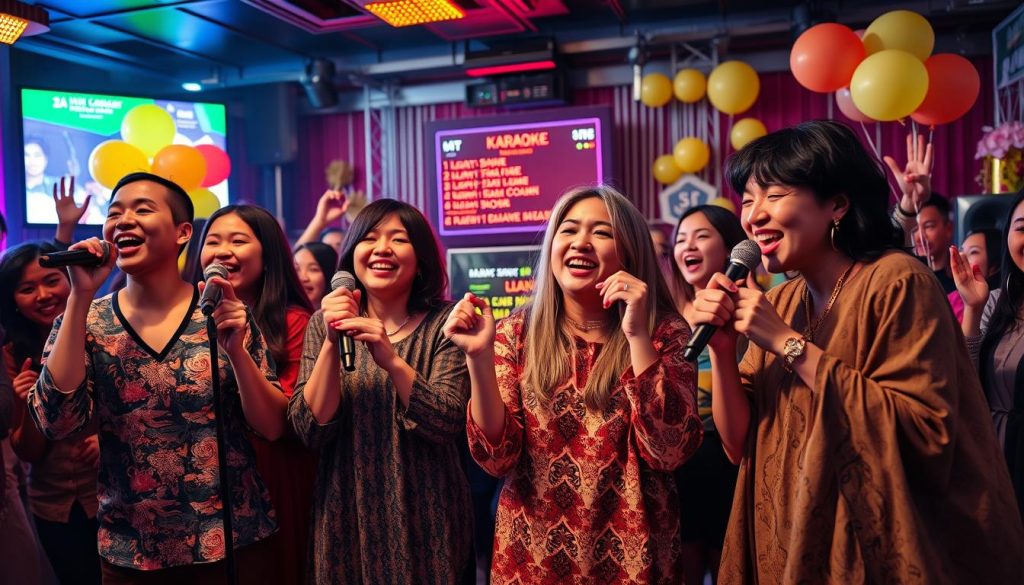 A vibrant karaoke scene capturing the essence of international pop and rock music. In the foreground, a diverse group of people, dressed in stylish, modest attire, enthusiastically singing into microphones. Each person exudes joy and excitement, showcasing different energy levels. In the middle ground, a lively karaoke setup with colorful LED lights and a digital screen displaying song titles. The background features a crowd of friends cheering, with balloons and decorations enhancing the festive atmosphere. Soft, dynamic lighting creates a warm, inviting glow, reminiscent of a lively party vibe. The angle is slightly elevated, capturing the energy of the crowd while keeping the focus on the performers. The image conveys a fun and celebratory mood, perfect for an unforgettable karaoke experience.