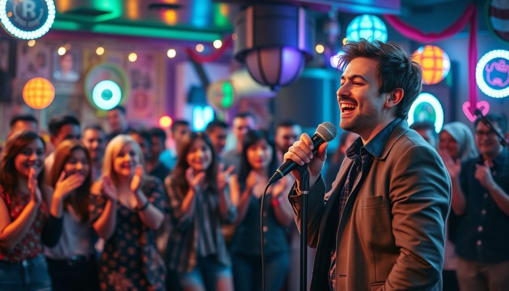 A dynamic karaoke performance scene captured at a vibrant bar. In the foreground, a singer with an engaging expression stands at the microphone, dressed in a smart casual outfit, pouring emotion into their rendition of "Je suis malade." Their body language conveys determination despite a hint of uncertainty. In the middle ground, a diverse audience is seen, some cheering enthusiastically while others share knowing glances of empathy, highlighting the supportive atmosphere. The background features colorful lights and decorations typical of a karaoke setting, creating a lively, inviting ambiance. The lighting should be warm and soft, enhancing the emotions, while a slight blur creates a sense of focus on the performer. The overall mood is one of resilience and camaraderie, illustrating the challenge of live performance.