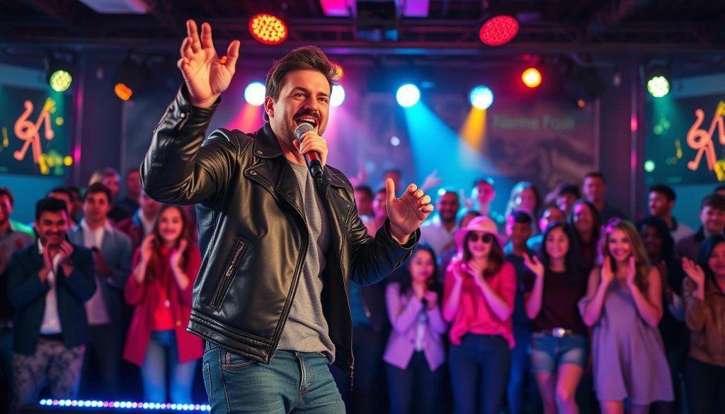 A dynamic karaoke performance scene featuring a confident singer energetically belting out the song "Allumer le feu". In the foreground, the singer, dressed in a stylish black leather jacket and jeans, gestures passionately with a microphone in hand. The middle layer shows a lively audience, clapping and cheering, filled with diverse people in smart casual attire, reflecting excitement and engagement. The background captures a vibrant stage illuminated with colorful lights, creating a festive atmosphere. Spotlights focus on the singer, adding to the intensity of the performance. The overall mood is electric and uplifting, embodying the spirit of an unforgettable karaoke night that maintains high energy until the last note.