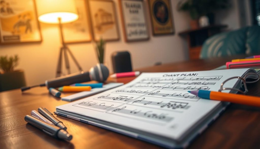 A focused close-up of a vibrant, well-organized "chant plan" sheet spread out on a wooden table, featuring clear notations and musical notes in an elegant script. In the foreground, a bright, open notebook lies next to colorful pens and highlighters, suggesting preparation for a karaoke session. In the middle ground, softly blurred, a microphone and a small speaker hint at the setting. In the background, a warm, cozy room is bathed in soft lighting, with framed musical posters and a softly glowing lamp creating an inviting atmosphere. The mood is encouraging and focused, ideal for anyone seeking to prepare their voice and plan for challenging karaoke performances. The scene captures a moment of creativity and anticipation without any distractions or text.
