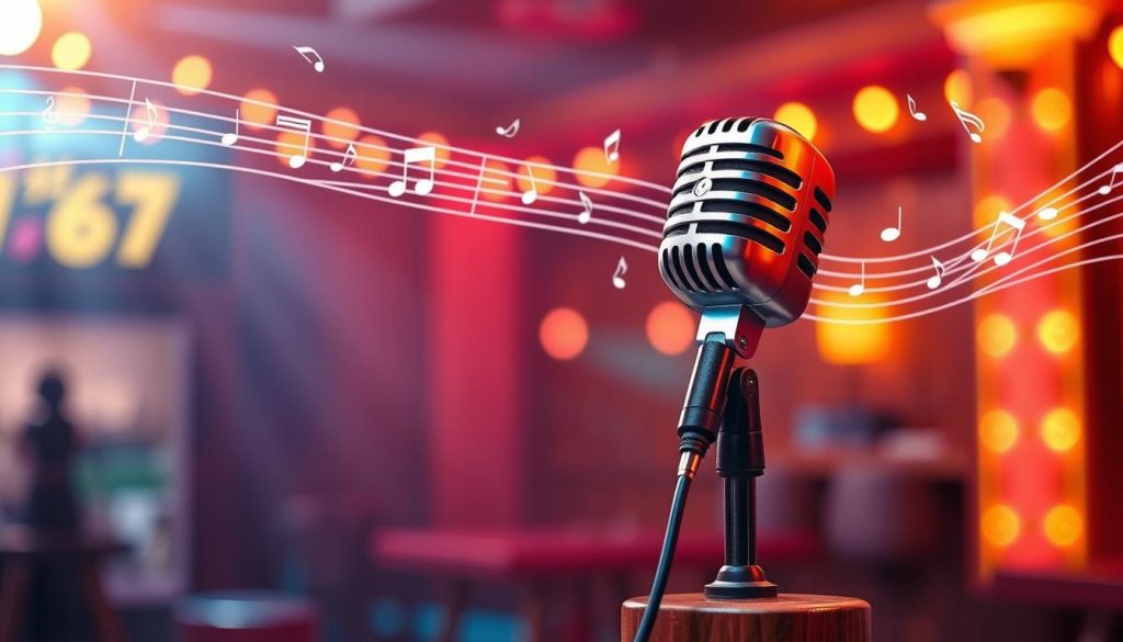A vibrant and inviting karaoke scene featuring a microphone and music notes floating in the air, symbolizing the essence of the song "Mistral Gagnant." In the foreground, a sleek, professional microphone stands on a polished wooden stand, capturing the spotlight. In the middle ground, gentle waves of musical notes and lyrics elegantly sweep across the scene, creating a sense of movement and rhythm. The background is softly blurred with warm, ambient stage lighting, hinting at a lively karaoke venue filled with colorful lights. The atmosphere is joyful and nostalgic, evoking emotions associated with singing and shared moments. The overall composition should have a slight depth of field, focusing on the microphone while allowing the musical elements to dance around it, enhancing the emotional aspect of karaoke performance.