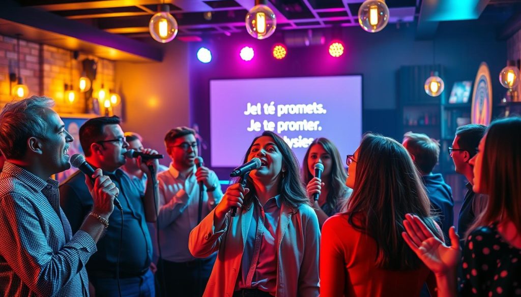 A vibrant karaoke scene inspired by the song "Je te promets" by Johnny Hallyday. In the foreground, a diverse group of enthusiastic beginner singers, both men and women, ranging in age, dressed in smart casual attire, passionately singing into microphones. The middle ground features a colorful karaoke stage adorned with LED lights and a large screen displaying lyrics. The background includes a lively crowd, clapping and enjoying the performance, set in a cozy bar ambiance filled with soft glow from hanging lights. The overall atmosphere is joyful and inviting, capturing the essence of a fun night of karaoke. The lighting is warm and dynamic, creating an engaging mood that draws the viewer into the experience, with a slightly blurred focus on the crowd to emphasize the performers. A vibrant karaoke scene inspired by the song "Je te promets" by Johnny Hallyday. In the foreground, a diverse group of enthusiastic beginner singers, both men and women, ranging in age, dressed in smart casual attire, passionately singing into microphones. The middle ground features a colorful karaoke stage adorned with LED lights and a large screen displaying lyrics. The background includes a lively crowd, clapping and enjoying the performance, set in a cozy bar ambiance filled with soft glow from hanging lights. The overall atmosphere is joyful and inviting, capturing the essence of a fun night of karaoke. The lighting is warm and dynamic, creating an engaging mood that draws the viewer into the experience, with a slightly blurred focus on the crowd to emphasize the performers.
