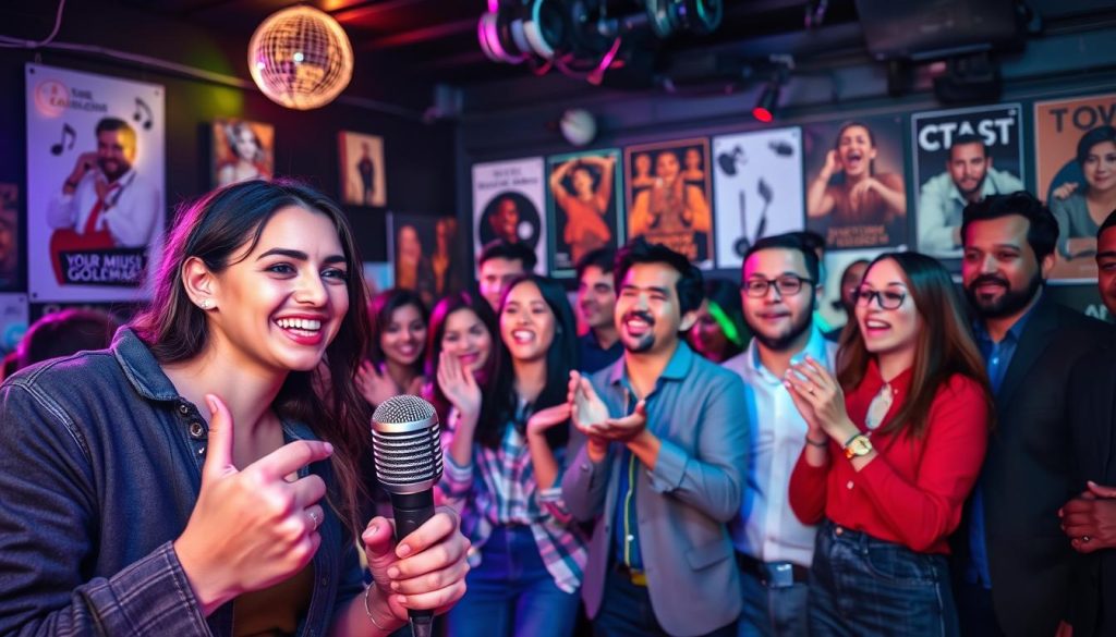 A vibrant karaoke setting featuring an enthusiastic group of friends gathered around a microphone, immersed in singing Jean-Jacques Goldman’s popular songs. In the foreground, a microphone is held by a smiling person in modest casual clothing, with colorful lights casting a festive glow. The middle ground shows participants of diverse backgrounds, some clapping and others singing along passionately, dressed in smart casual attire. The background reveals a decorated karaoke bar with music-themed posters, dim lighting accentuated by colorful LED lights, creating a lively and inviting atmosphere. The image conveys joy, togetherness, and the fun of karaoke, capturing the essence of Jean-Jacques Goldman’s beloved music. A vibrant karaoke setting featuring an enthusiastic group of friends gathered around a microphone, immersed in singing Jean-Jacques Goldman’s popular songs. In the foreground, a microphone is held by a smiling person in modest casual clothing, with colorful lights casting a festive glow. The middle ground shows participants of diverse backgrounds, some clapping and others singing along passionately, dressed in smart casual attire. The background reveals a decorated karaoke bar with music-themed posters, dim lighting accentuated by colorful LED lights, creating a lively and inviting atmosphere. The image conveys joy, togetherness, and the fun of karaoke, capturing the essence of Jean-Jacques Goldman’s beloved music.