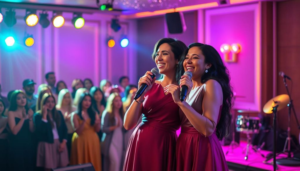 A vibrant moment featuring a female chanteuse duo, Là-bas, performing together on stage. In the foreground, the singers, dressed in elegant, modest evening attire, are passionately engaged in their duet, with microphones in hand. Their expressions radiate joy and connection, embodying the spirit of iconic karaoke performances. In the middle ground, a lively audience is visible, with people singing along and enjoying the atmosphere, illuminated by colorful stage lights that cast a warm glow on the performers. The background showcases a beautifully designed stage with musical instruments and soft, ambient lighting, enhancing the intimate yet energetic vibe of the scene. The overall mood is celebratory and uplifting, perfect for illustrating a memorable karaoke duo experience. A vibrant moment featuring a female chanteuse duo, Là-bas, performing together on stage. In the foreground, the singers, dressed in elegant, modest evening attire, are passionately engaged in their duet, with microphones in hand. Their expressions radiate joy and connection, embodying the spirit of iconic karaoke performances. In the middle ground, a lively audience is visible, with people singing along and enjoying the atmosphere, illuminated by colorful stage lights that cast a warm glow on the performers. The background showcases a beautifully designed stage with musical instruments and soft, ambient lighting, enhancing the intimate yet energetic vibe of the scene. The overall mood is celebratory and uplifting, perfect for illustrating a memorable karaoke duo experience.