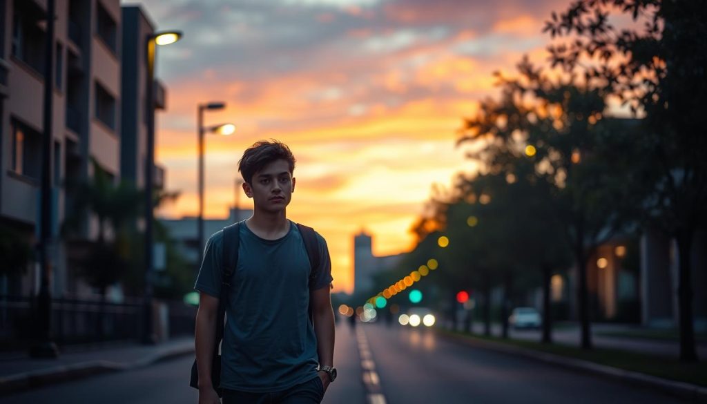 A young adult walking alone down a scenic urban street, a soft glow of twilight illuminating the surroundings. The person, dressed in modest casual clothing, exhibits an expression of contemplation and determination, reflecting the mood of introspection often associated with music challenges. In the foreground, the figure is framed by colorful streetlights and distant silhouettes of buildings. The middle ground features a quiet sidewalk lined with trees, their leaves rustling gently in the evening breeze. The soft focus highlights the figure against a dreamy sunset sky filled with hues of orange and purple. The atmosphere is serene yet charged with anticipation, evoking a sense of personal challenge and musical aspiration. A young adult walking alone down a scenic urban street, a soft glow of twilight illuminating the surroundings. The person, dressed in modest casual clothing, exhibits an expression of contemplation and determination, reflecting the mood of introspection often associated with music challenges. In the foreground, the figure is framed by colorful streetlights and distant silhouettes of buildings. The middle ground features a quiet sidewalk lined with trees, their leaves rustling gently in the evening breeze. The soft focus highlights the figure against a dreamy sunset sky filled with hues of orange and purple. The atmosphere is serene yet charged with anticipation, evoking a sense of personal challenge and musical aspiration.