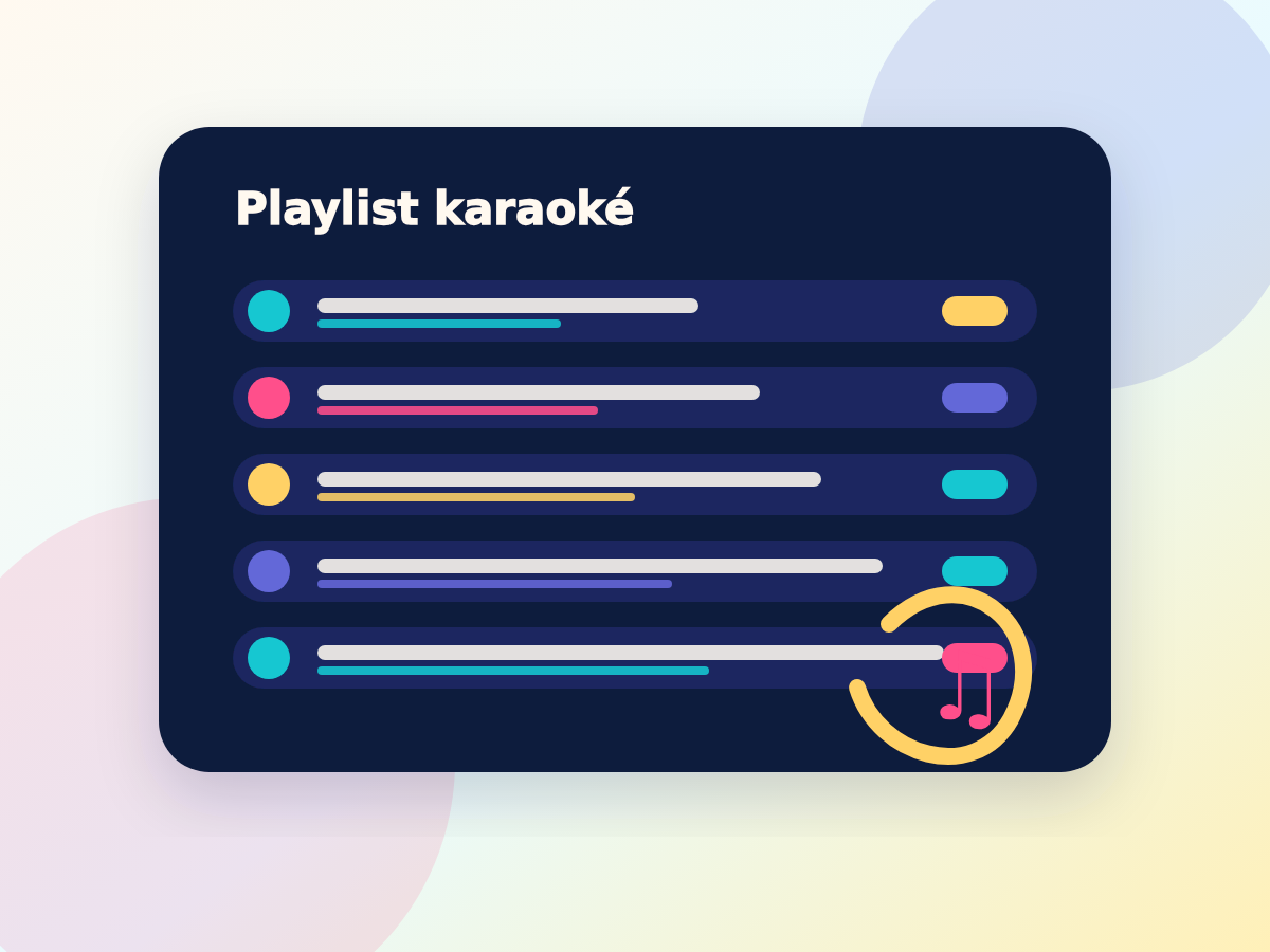 Playlist de soirée karaoké avec cartes colorées et rythme festif