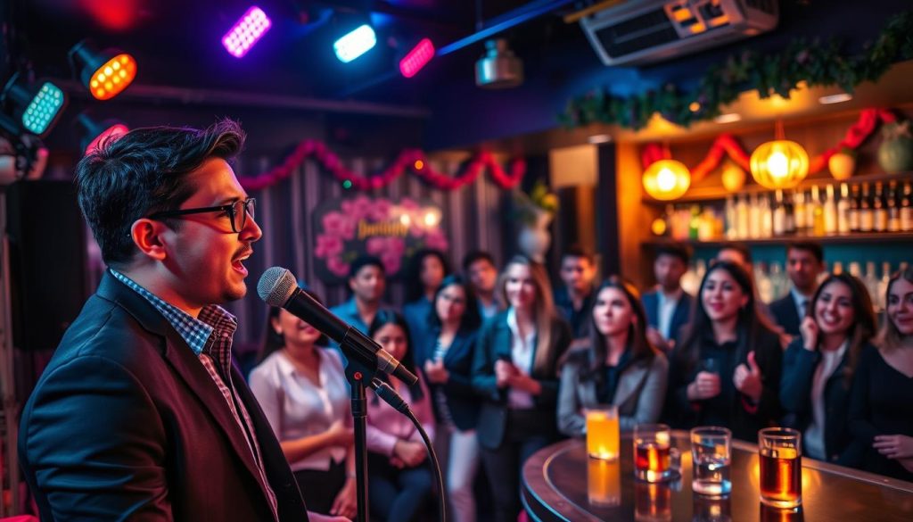 A cozy, dimly lit karaoke bar featuring a small stage with a microphone and colorful spotlights illuminating the area. In the foreground, a focused singer, dressed in smart casual attire, passionately performing "puisque tu pars," their face expressing emotion as they navigate vocal climbs. In the middle ground, an attentive audience, comprising diverse individuals dressed in professional outfits, engages with the performance, some singing along. The background showcases vibrant decorations, soft glowing lights, and a bar with drinks, creating a lively yet intimate atmosphere. The image captures the joy and excitement of karaoke, emphasizing the challenges of pitch and melody, with a warm, inviting color palette.