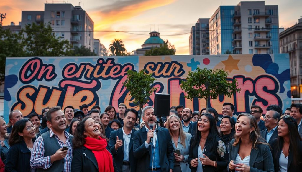 A vibrant cityscape at sunset, featuring a large, colorful wall mural that reads "On écrit sur les murs" in bold, artistic letters. In the foreground, a diverse group of people of various ages and ethnicities, dressed in smart casual clothing, are engaged in singing and enjoying a karaoke session in front of the mural. They display joyful expressions, capturing the essence of fun and unity. The middle area is filled with outdoor karaoke equipment, such as a microphone and speakers, enhancing the lively atmosphere. The background showcases softly lit buildings reflecting the warm hues of the setting sun, with a few trees adding natural elements to the urban scene. The overall mood is festive and inspiring, emphasizing creativity and togetherness in public spaces. A vibrant cityscape at sunset, featuring a large, colorful wall mural that reads "On écrit sur les murs" in bold, artistic letters. In the foreground, a diverse group of people of various ages and ethnicities, dressed in smart casual clothing, are engaged in singing and enjoying a karaoke session in front of the mural. They display joyful expressions, capturing the essence of fun and unity. The middle area is filled with outdoor karaoke equipment, such as a microphone and speakers, enhancing the lively atmosphere. The background showcases softly lit buildings reflecting the warm hues of the setting sun, with a few trees adding natural elements to the urban scene. The overall mood is festive and inspiring, emphasizing creativity and togetherness in public spaces.