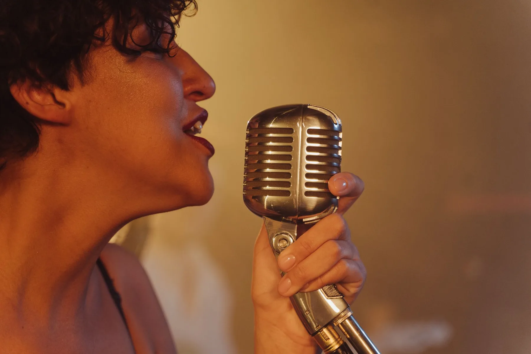 singer at a karaoke microphone